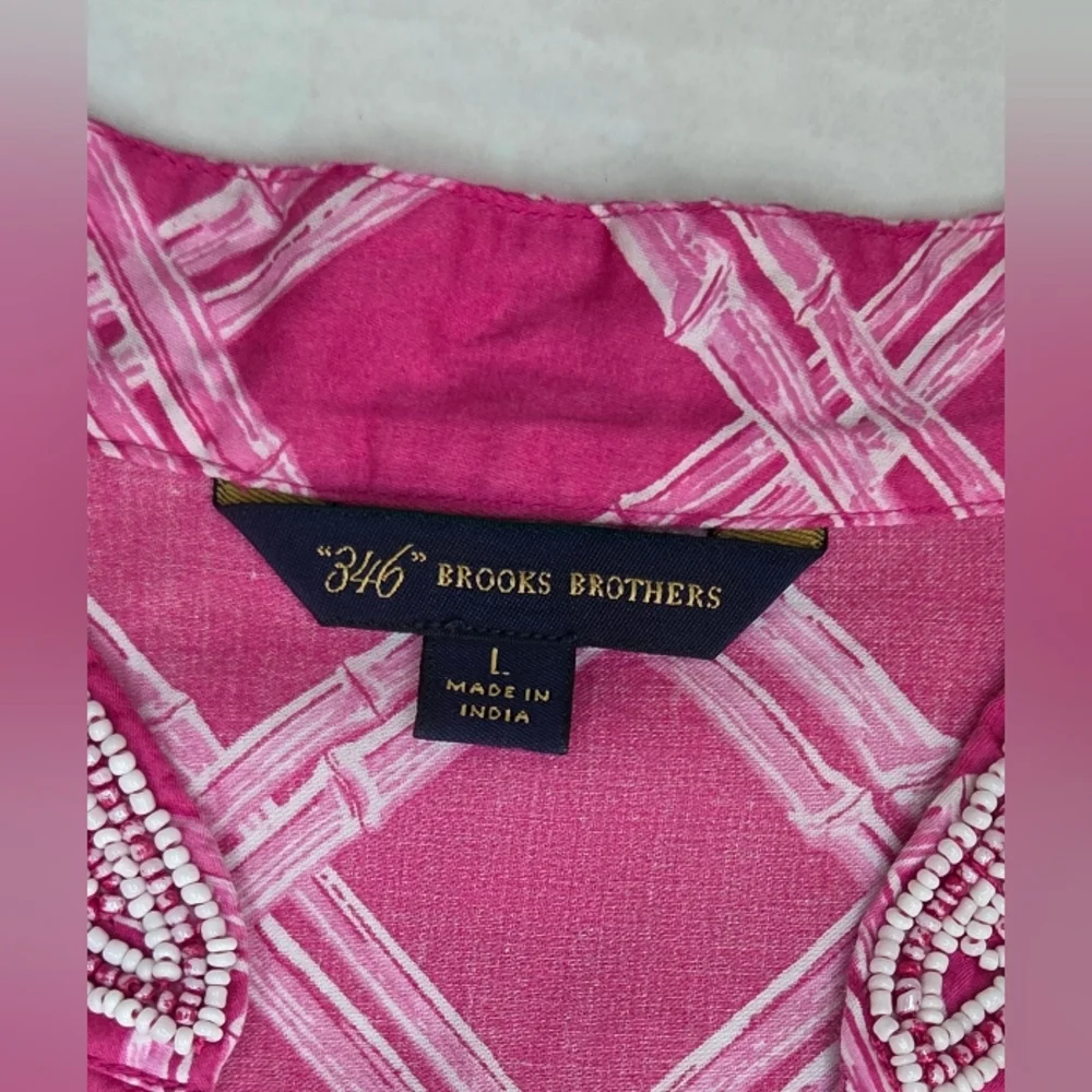 Brooks Brothers Womens Beaded 3/4 Sleeve Tunic Size L Pink/White Lattice Print